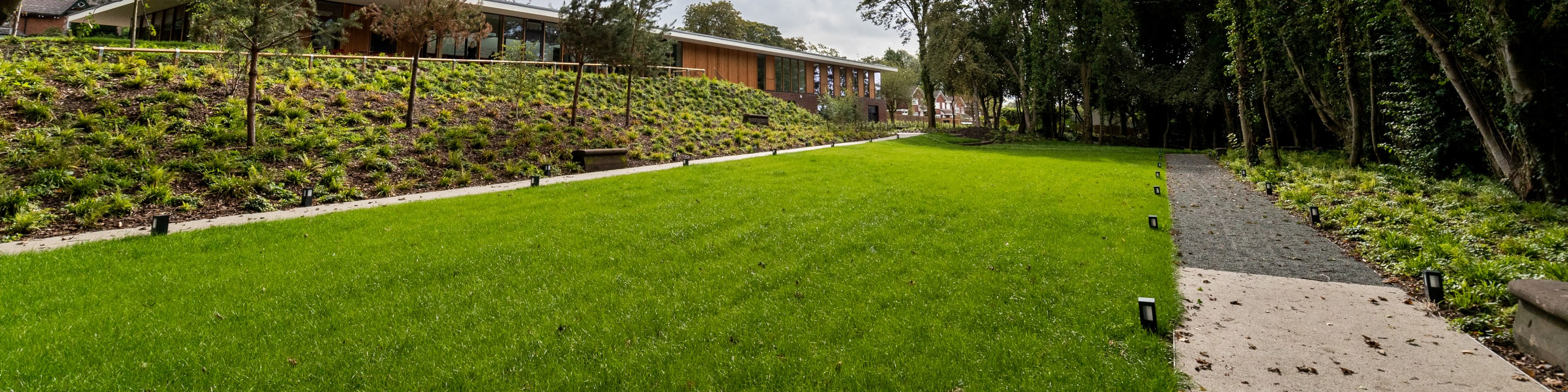 View of the garden towards the visitor centre at Strawberry Field