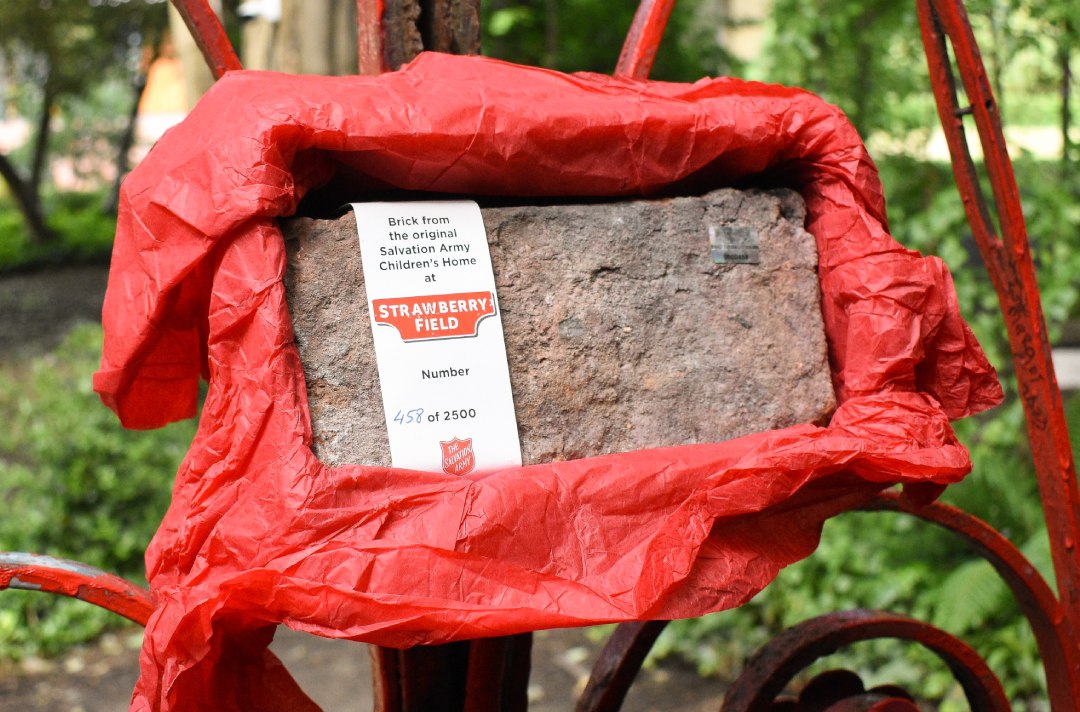 photograph of a recovered brick from the original childrens home at Strawberry Field